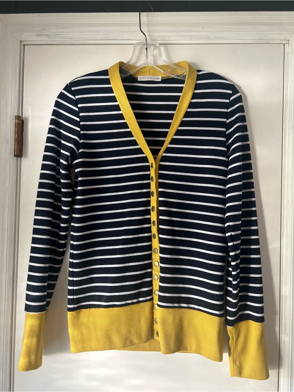 Cocomo Navy and White Striped Cardigan with Yellow Trim